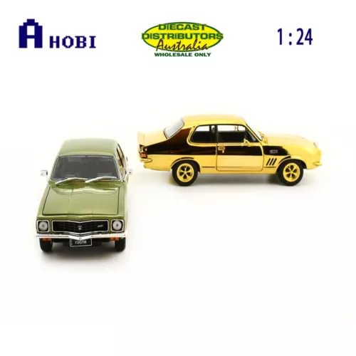 1:24 diecast model cars, green and gold Holden LJ Torana, front and side view