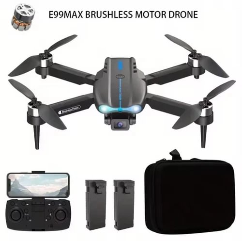Black quadcopter drone with four propellers, front camera, blue indicator lights.