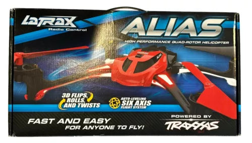 Electric micro quad-rotor drone in retail box, red and blue Alias graphics