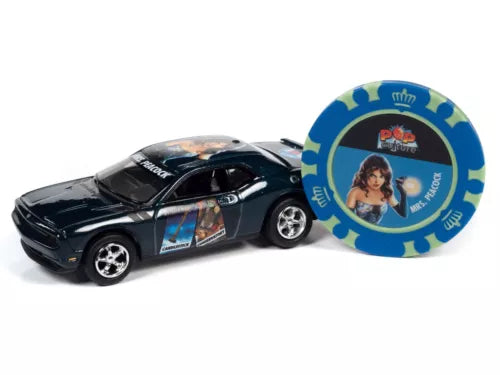 1/64 diecast car toy with circular collector token, dark blue-black