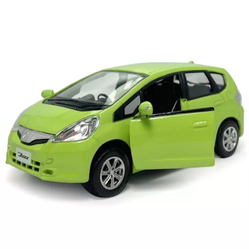 Honda Jazz 1:36 diecast model car, lime green with silver wheels and front 3/4 view