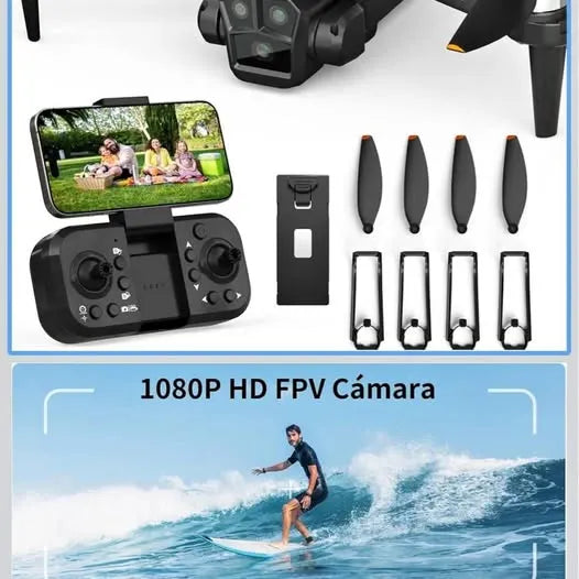 FPV drone with camera, remote controller, and four spare propellers