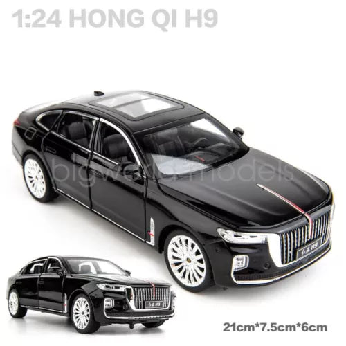 1:24 scale HongQi H9 alloy diecast car model, black with white-spoke wheels