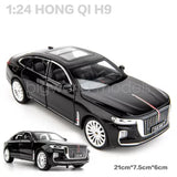 1:24 scale HongQi H9 alloy diecast car model, black with white-spoke wheels