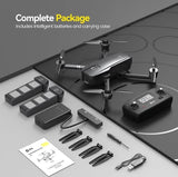 GPS drone kit with camera, remote controller, batteries, propellers, and charging cables