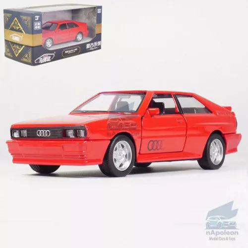 Red Audi Quattro diecast toy car, front three-quarter view