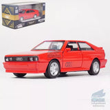 Red Audi Quattro diecast toy car, front three-quarter view