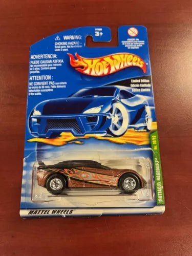 Hot Wheels 1:64 diecast Pontiac Rageous car in blister pack, dark brown with flame graphics