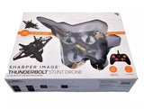 Stunt drone and remote control in retail box, dark gray with black propellers