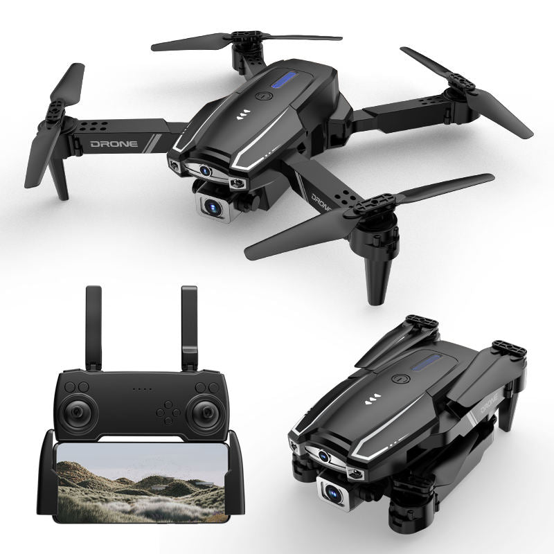 Black quadcopter drone with 4K camera, plus remote controller with screen