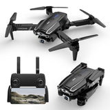 Black quadcopter drone with 4K camera, plus remote controller with screen