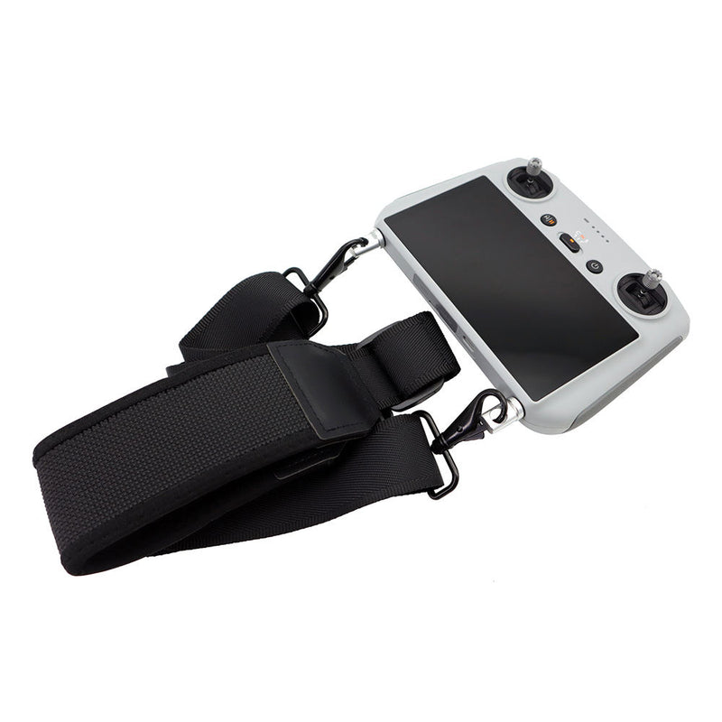 Black remote controller neck lanyard strap with clips, holding a gray controller