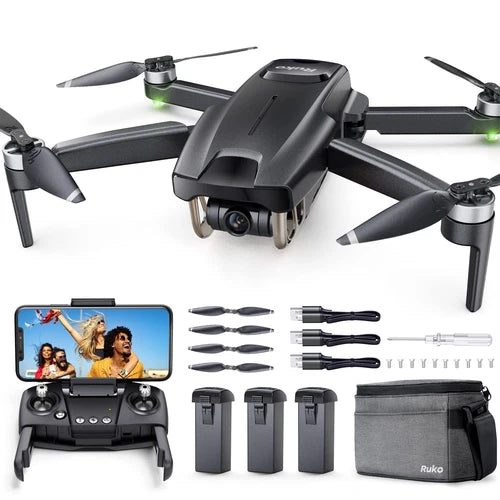 GPS quadcopter drone with camera, foldable propellers, and controller screen.