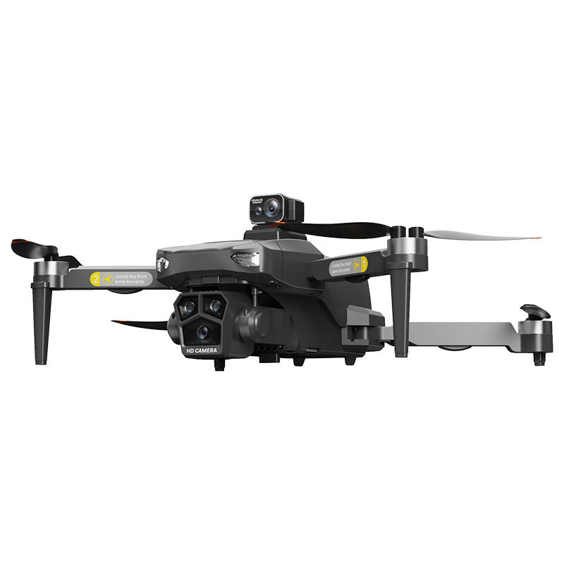 Black quadcopter drone with dual front cameras and four propellers
