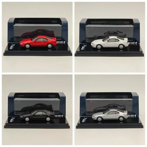 Diecast model car set in clear display cases, four cars in red, white, black, gray