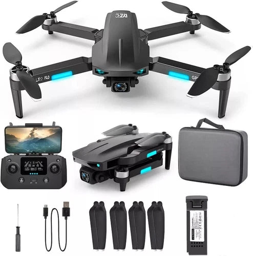 Foldable quadcopter drone with camera, controller screen, spare propellers and case