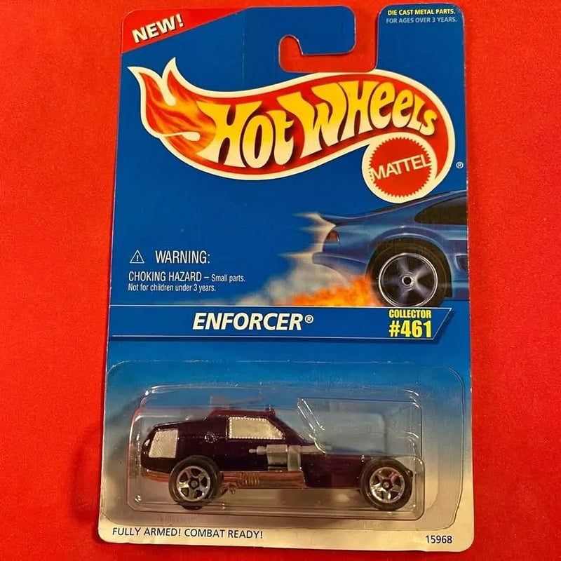 Hot Wheels Enforcer #461 diecast combat car, maroon/purple with flame decals