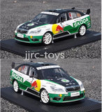 Skoda racing diecast car model with green, white and black livery on display base
