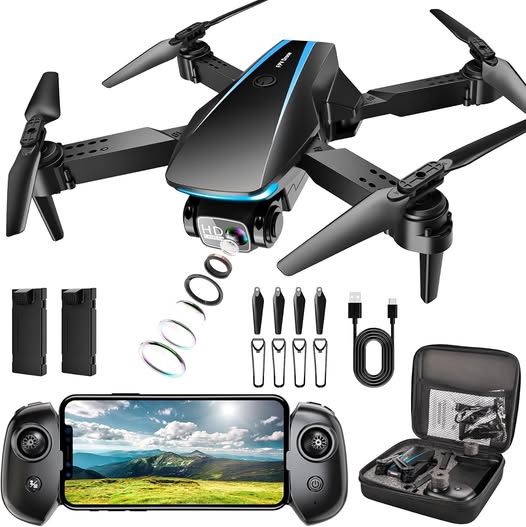 Foldable mini drone with camera, controller, screen, spare propellers and carrying case