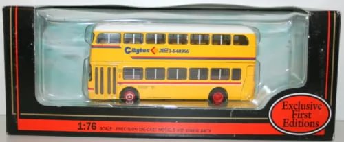 Yellow 1:76 scale diecast bus model with clear display box and red badge