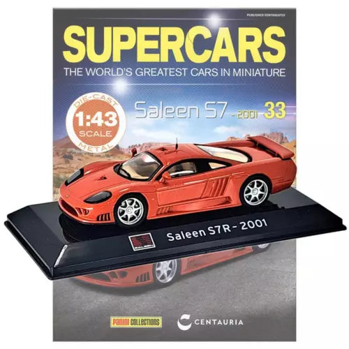 Red Saleen S7R 2001 1:43 diecast model car on display stand with magazine cover