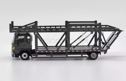 Gray diecast transport truck model with open frame and dual ramps, 1:64 scale