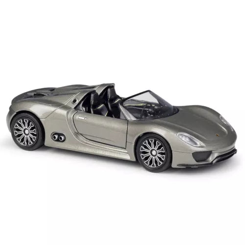 Silver gray diecast model sports car with open doors, pull-back toy vehicle