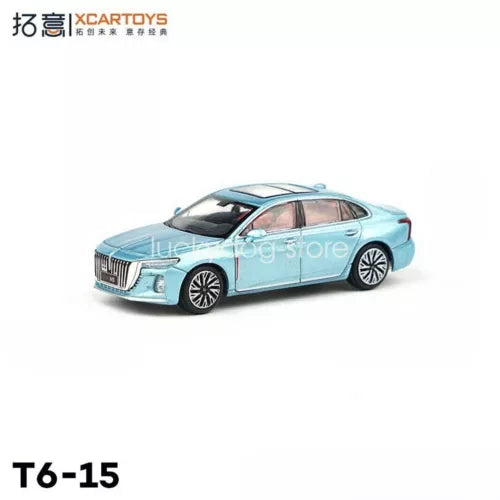 Blue 1/64 scale diecast sedan model car, front three-quarter view