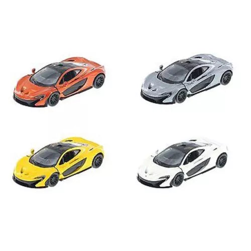 Diecast toy car set with four pull-action 1:36 models in orange, gray, yellow, white