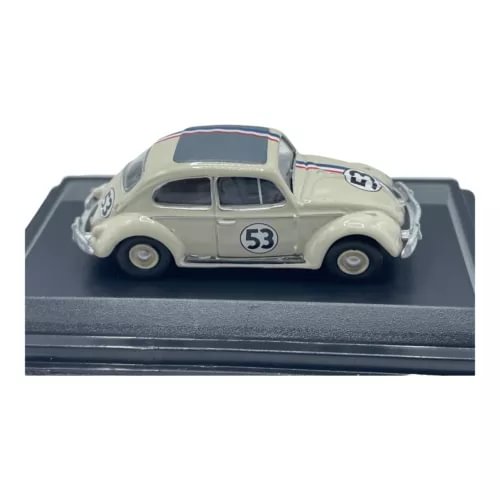 Cream Volkswagen Beetle diecast car on gray display base, number 53