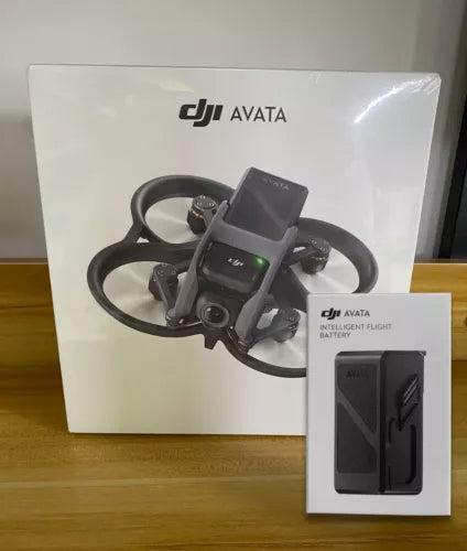DJI Avata drone, goggles-style controller, and two battery packs in boxes
