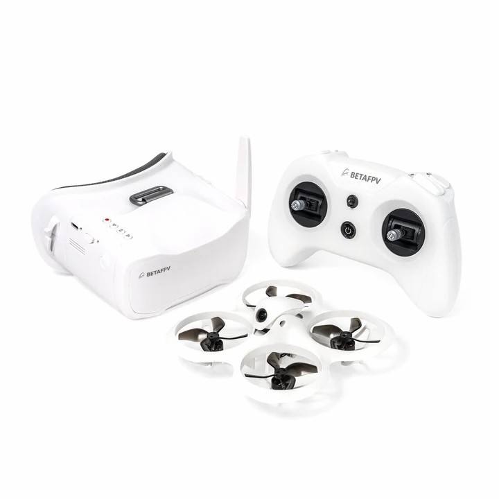 White FPV drone kit with quadcopter, transmitter controller, and VR goggles