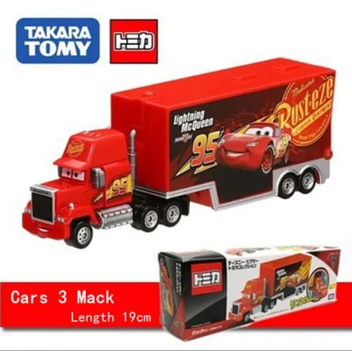 Lightning McQueen Mack hauler diecast truck toy with red cab and black trailer, twin wheels
