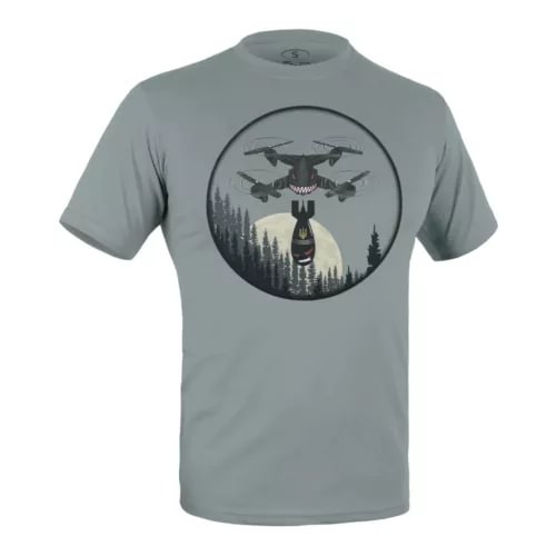 Dark gray crew-neck T-shirt with large circular drone graphic on chest