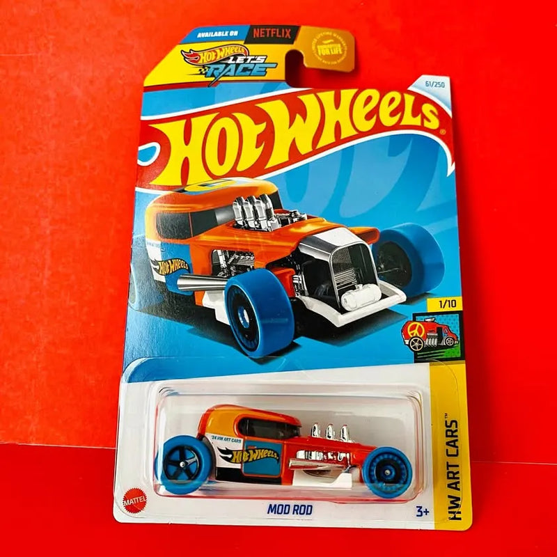 Carded die-cast hot rod car with orange body, black engine, and blue wheels