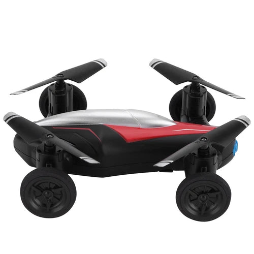 RC quadcopter drone with red and silver body, four black propellers, foldable arms