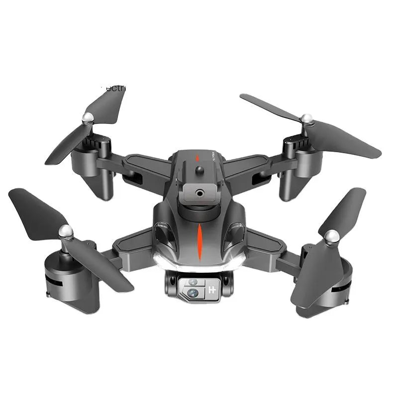Obstacle-avoidance drone with foldable quad rotors and front camera, dark gray.