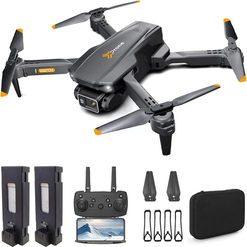 Foldable black quadcopter drone with camera, orange prop tips, remote and spare parts case