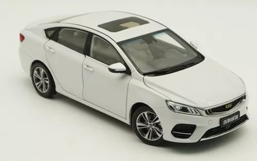 1/18 scale white Geely Binrui diecast sedan model car with front 3/4 view