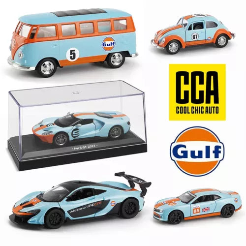 Diecast alloy car model toy set: orange Gulf bus and sports cars