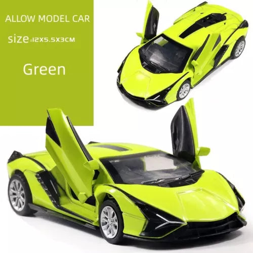 Green diecast alloy sports car model with doors open, front three-quarter view
