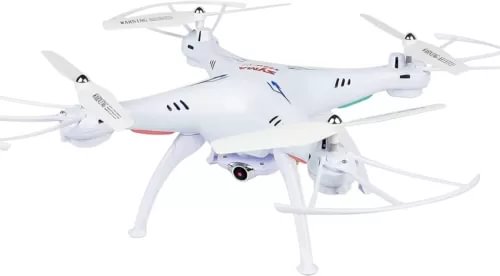 White quadcopter drone with four propellers and front camera