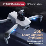 White quadcopter drone with camera module and four propellers, 360° obstacle avoidance lights