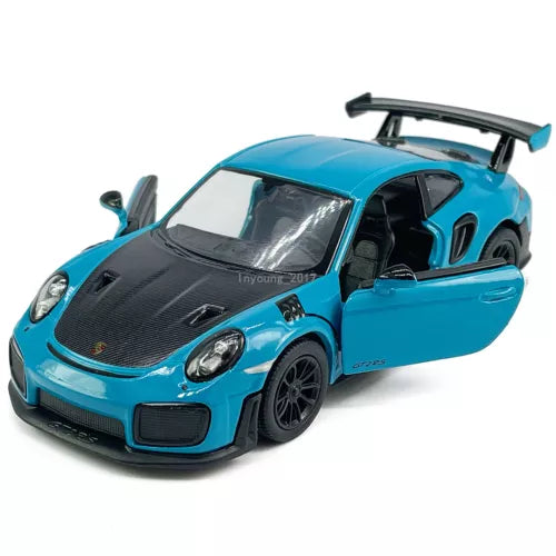Blue 1:36 Porsche 911 GT2 RS diecast model car with open driver door, detailed alloy wheels