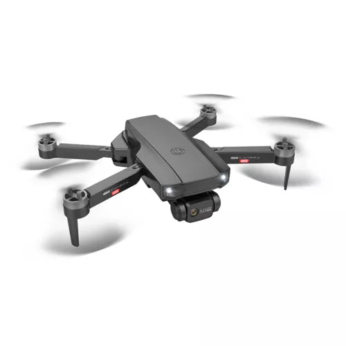 Dual-camera quadcopter drone, dark gray body with four propellers