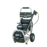Gas pressure washer with wheels, handle, hose, and spray gun