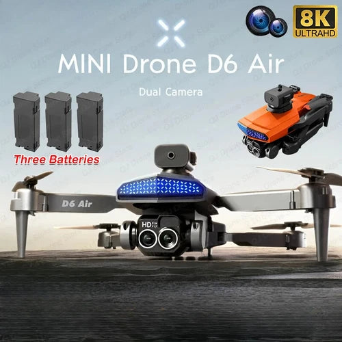 Mini dual-camera drone with orange top, four propellers, and front optical sensors