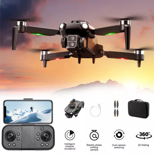 Foldable black quadcopter drone with HD camera, green LED lights, included controller and case