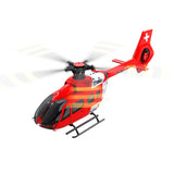 Red RC helicopter drone with black canopy and landing skids