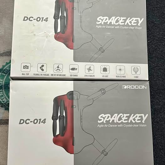 Drone retail box with SpaceKey branding and DC-014 label